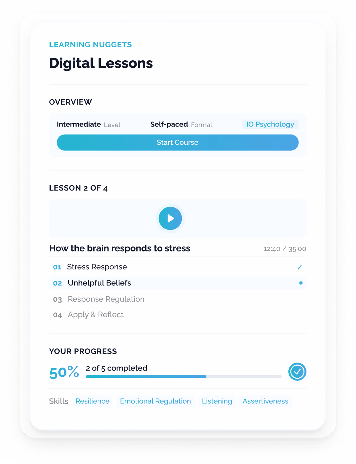 Premium enterprise microlearning course player interface showing a Building Resilience course with lesson navigation, video player progress, and a 75% completion dashboard with lesson tiles and achievement indicators.