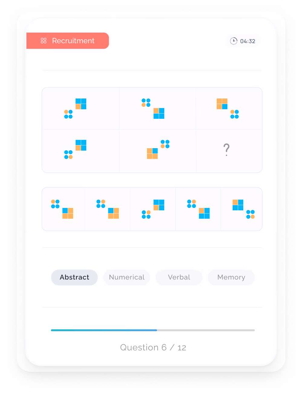 A recruitment test UI designed by The Inner View showing an abstract reasoning question with a grid of blue and orange shape patterns, a question mark for the missing image, five multiple-choice options below, and a progress bar indicating Question 6 of 12.