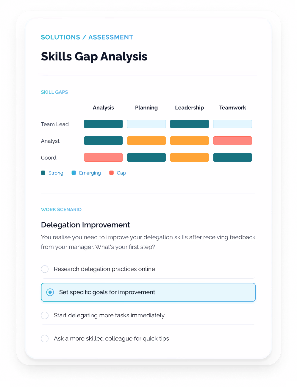 Skills Gap Analysis UI displaying a colored matrix evaluating roles across core skills followed by a work scenario question.