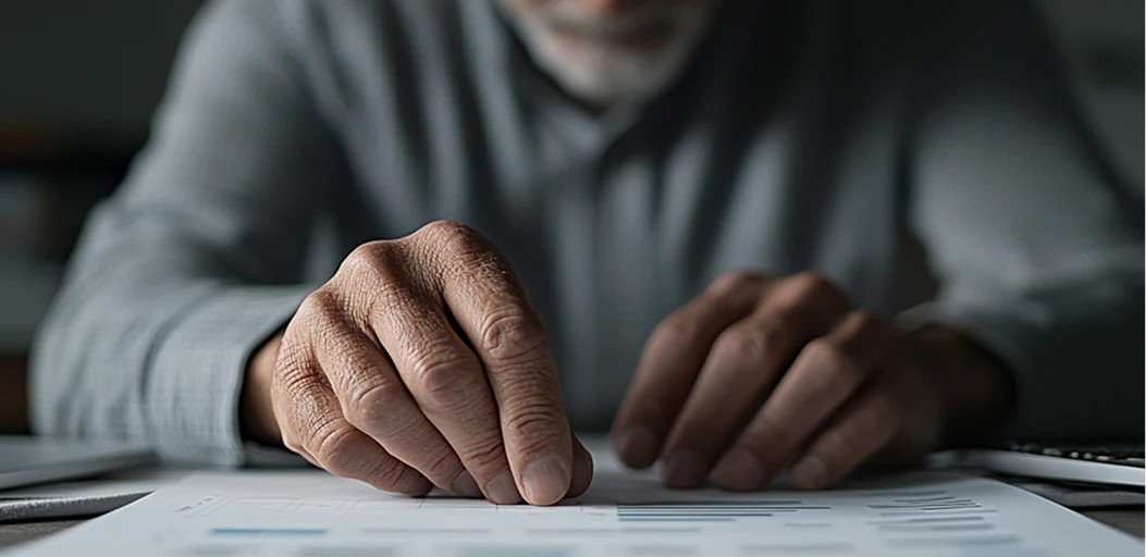 Attention to detail cognitive assessment illustration representing close-up of a person's hands reviewing printed documents on a desk