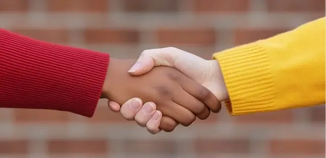 Conflict resolution job skills service illustration representing a close-up of two people in colourful jumpers shaking hands against a red brick background