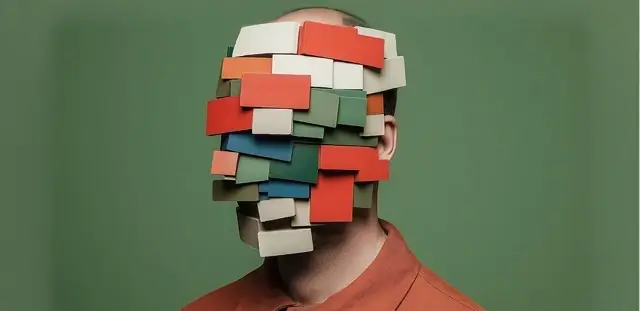 Managing Emotions EQ assessment service illustration representing a person whose face is entirely covered by a arrangement of colourful rectangular blocks