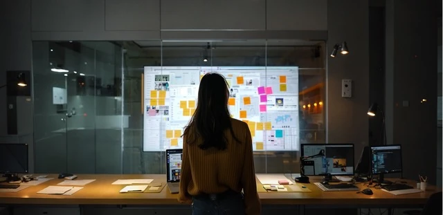 Critical thinking cognitive assessment illustration representing a person viewed from behind looking at a wall filled with sticky notes and diagrams in a illuminated office