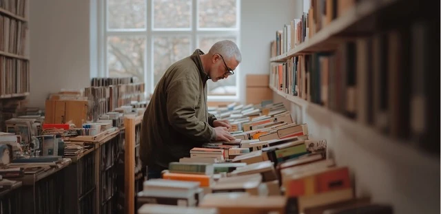 Intellectual exploration personality service illustration representing an older man leaning over to browse books in a crowded bookstore or library