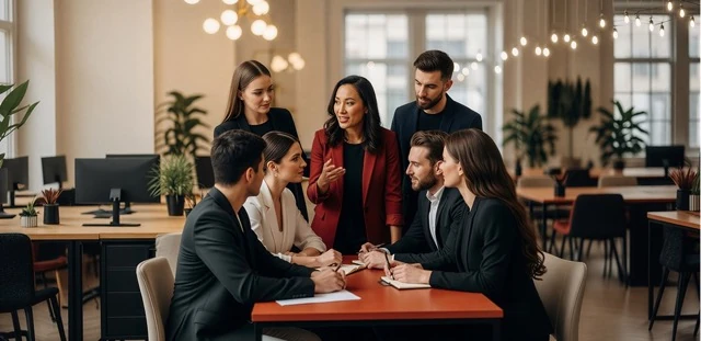Leadership potential personality service illustration representing a diverse team of professionals meeting around a table to listen to their leader in a modern office space
