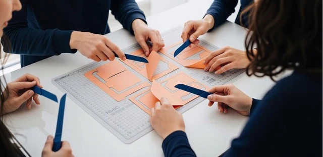 Learning agility job skills assessment illustration representing people working together at a table crafting paper shapes on a cutting grid mat