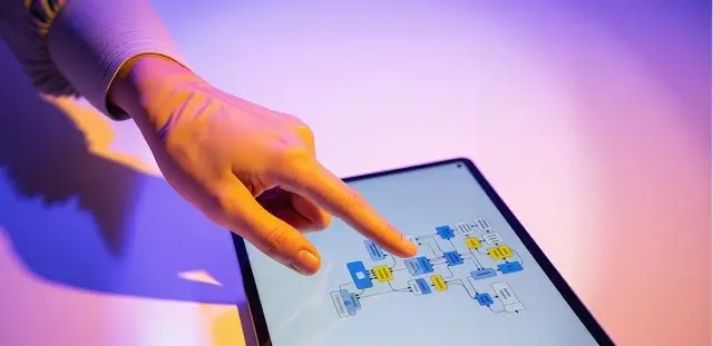 Numerical reasoning cognitive assessment illustration representing a person pointing to a data flowchart on a tablet screen under purple and pink studio lighting