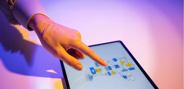 Numerical reasoning cognitive assessment illustration representing a person pointing to a data flowchart on a tablet screen under purple and pink studio lighting