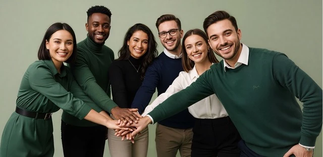 Organisational commitment wellbeing assessment illustration representing a team standing together with their hands stacked in the centre in a show of unity