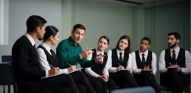 People management job skills service illustration representing a group of professionals listening attentively to a colleague speaking in a row of seats