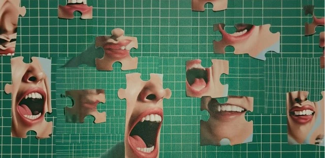 Perceiving Emotions EQ assessment service illustration representing jigsaw puzzle pieces showing close-ups of human facial expressions arranged on a cutting mat background