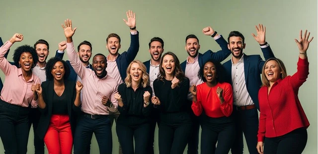 Relationships and cooperation personality service illustration representing a large team celebrating with their hands raised in the air against a green background