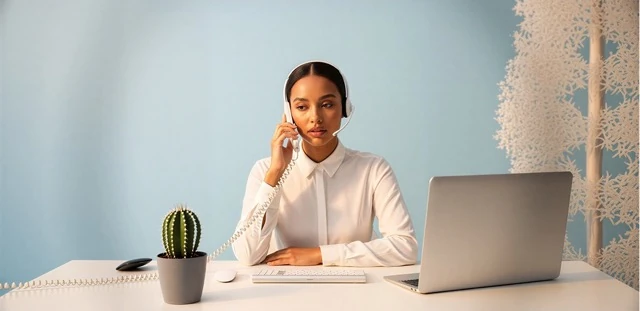Service orientation job skills service illustration representing a professional wearing a headset speaking on a landline phone at a clean office desk