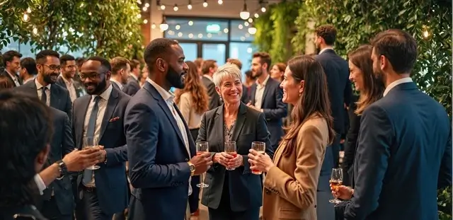 Social engagement personality service illustration representing professional colleagues networking and chatting at an evening event holding drinks