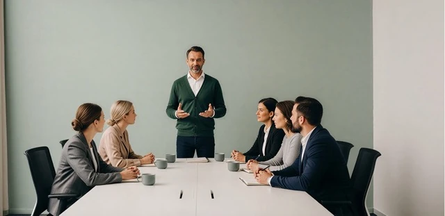 Stakeholder management job skills service illustration representing a leader standing to present to a team seated around a conference table