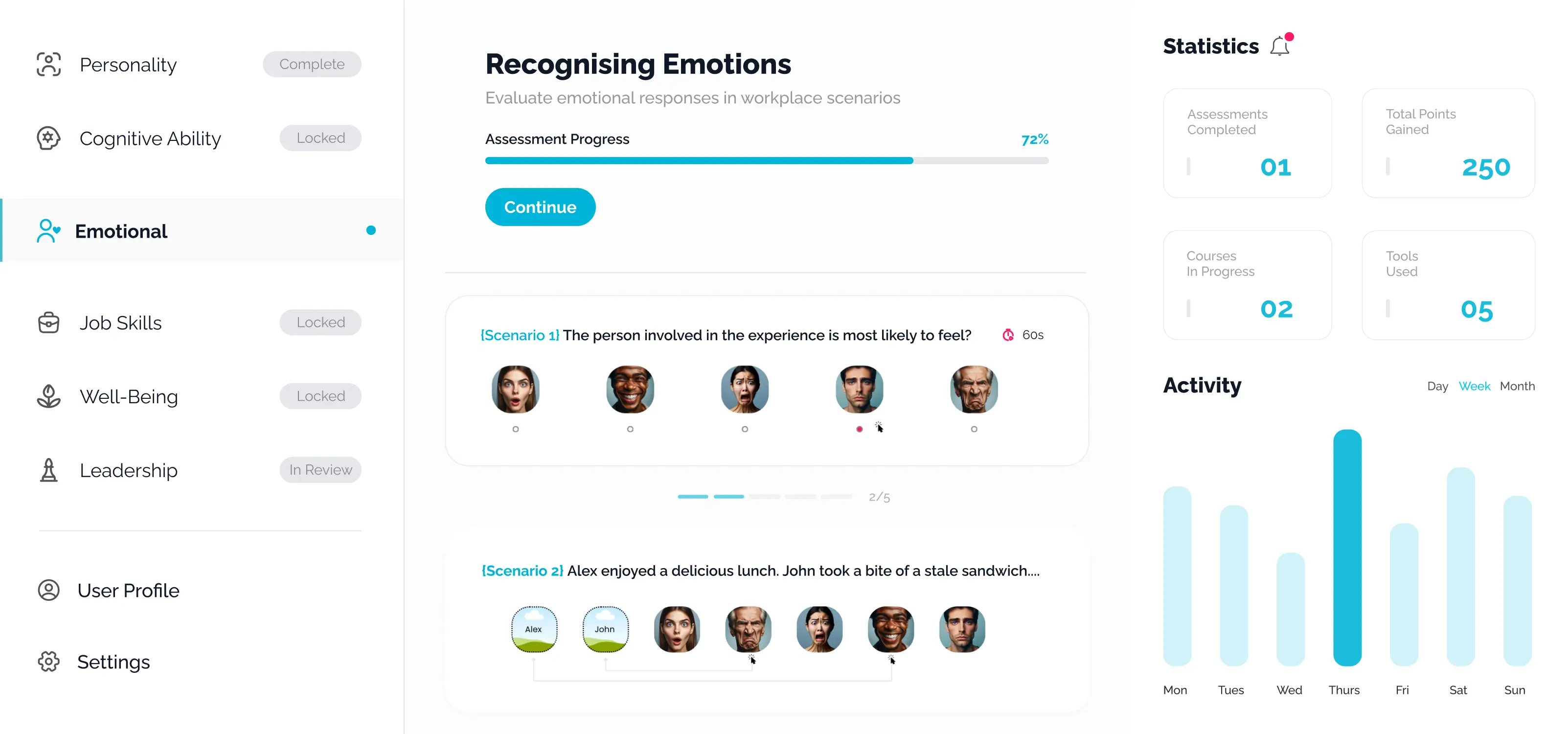 SaaS learning platform dashboard displaying an active emotional intelligence assessment with facial recognition scenarios, a progress bar, left-hand navigation tabs, and a right-side sidebar with user statistics and activity metrics.