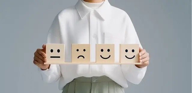 Understanding Emotions EQ assessment service illustration represeting a person in a white shirt holding a wooden tray of blocks displaying drawn facial expressions