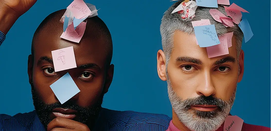 Using Emotions EQ assessment service illustration representing two individuals facing forward with sticky notes stuck across their faces and foreheads