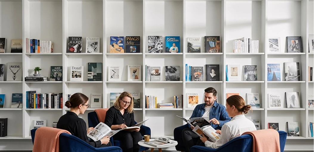 Verbal reasoning cognitive assessment illustration representing four people sitting in armchairs reading and discussing books in front of a large white bookcase wall