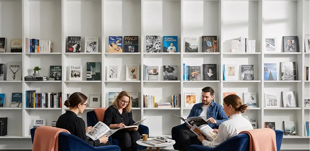 Verbal reasoning cognitive assessment illustration representing four people sitting in armchairs reading and discussing books in front of a large white bookcase wall