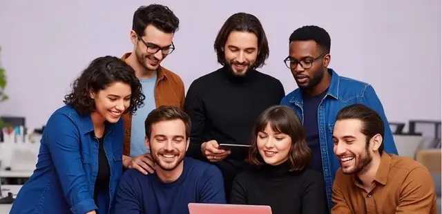 Work engagement wellbeing assessment illustration representing a group of cheerful colleagues gathered around a laptop screen together