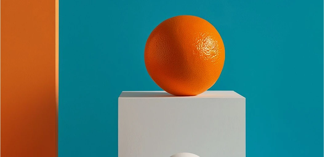 Working memory cognitive assessment illustration representing a bright orange sitting atop a white pedestal against an orange and teal background