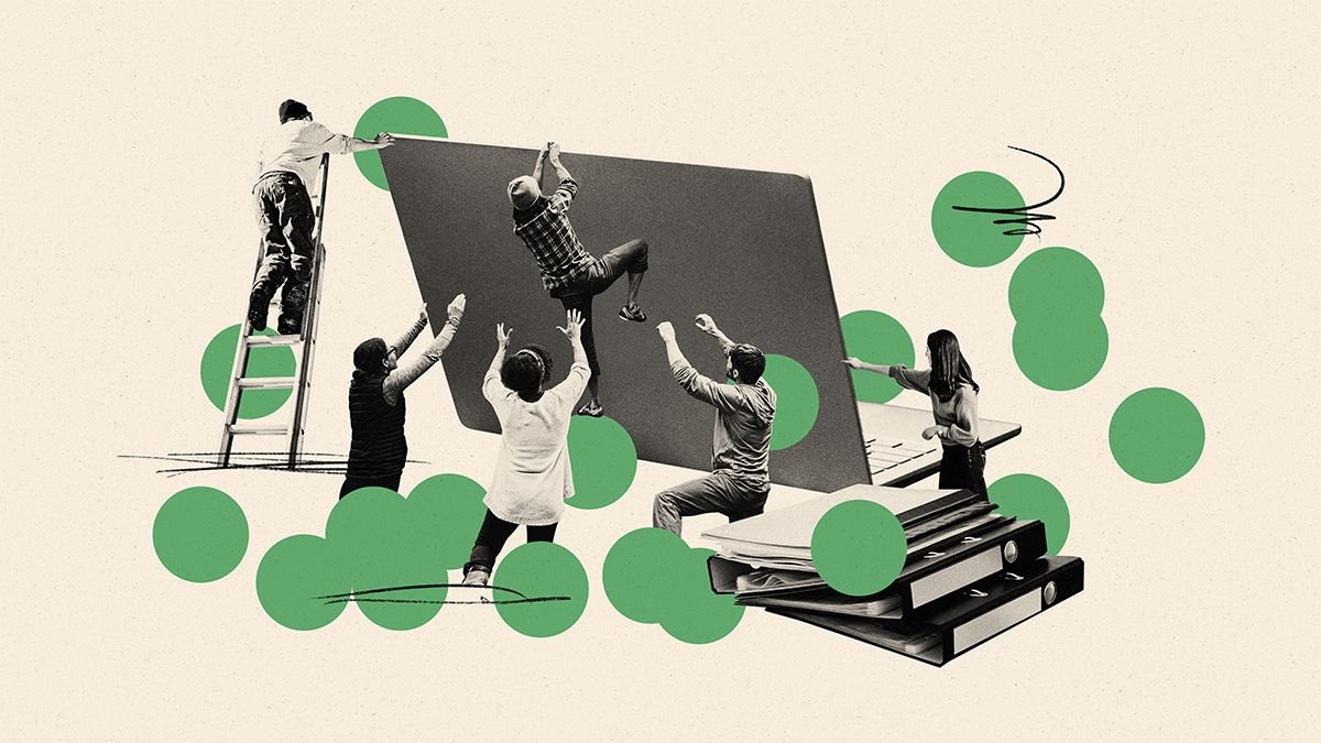 A collage of a team collaborating to lift a giant laptop screen alongside floating green dots so they use cognitive ability insights to inform hiring and development