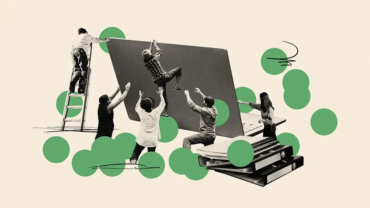 A collage of a team collaborating to lift a giant laptop screen alongside floating green dots so they use cognitive ability insights to inform hiring and development