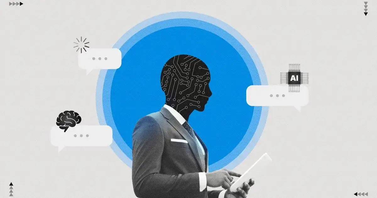 A person in a suit using a tablet, with a circuit board pattern on their head surrounded by AI and thought icons working through a cognitive ability exercise