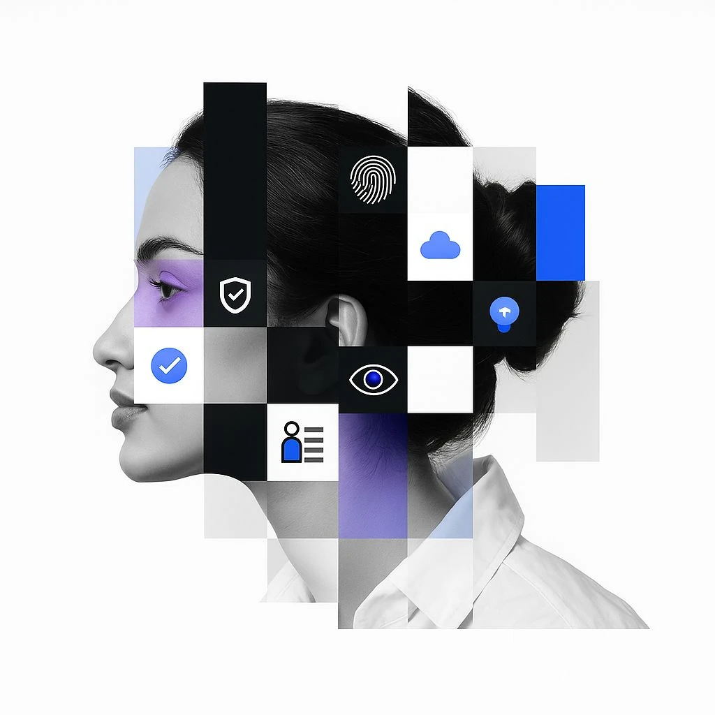 A woman's profile overlaid with a pixelated grid of icons representing personality data