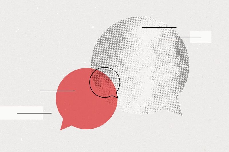 Illustration representing emotional intelligence skill development by showing an abstract geometric illustration with a red circle overlapping a textured grey sphere and speech bubble outline
