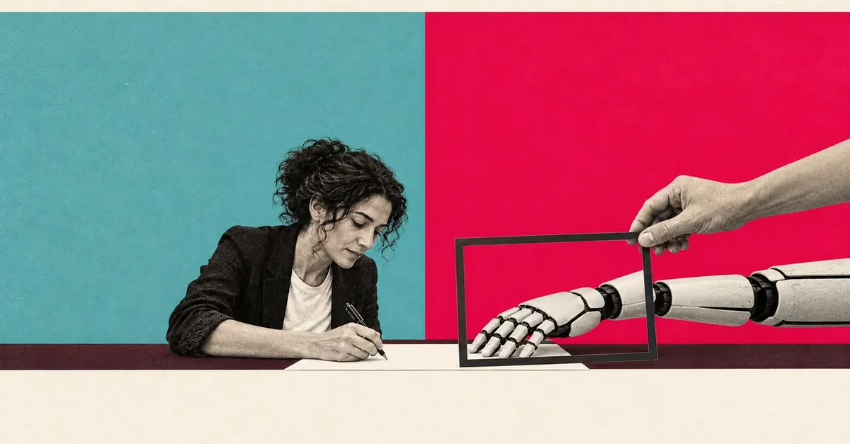 A woman writes beside a mechanical hand, with an empty rectangular frame over the hand.