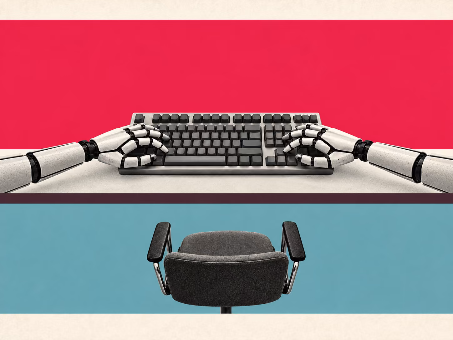 Two mechanical hands reach across a keyboard with blank keys above an empty office chair.