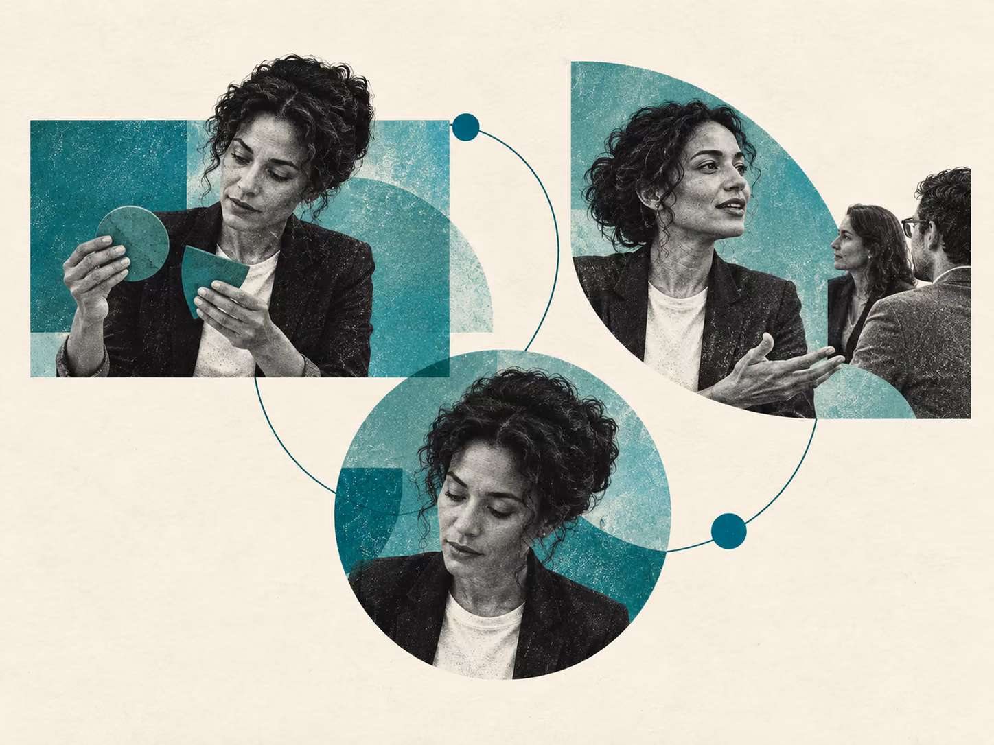 Three teal windows show the same woman concentrating, reflecting and engaging with others.