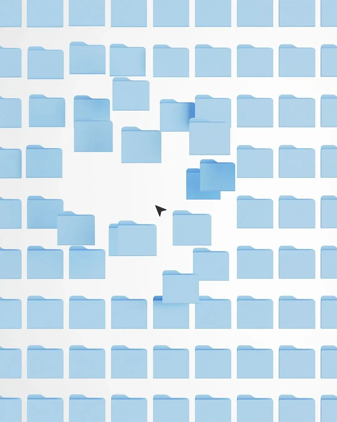 Illustration representing focused micro-learning modules by showing a mouse cursor selecting a single blue folder from a wall of grid-aligned digital folders