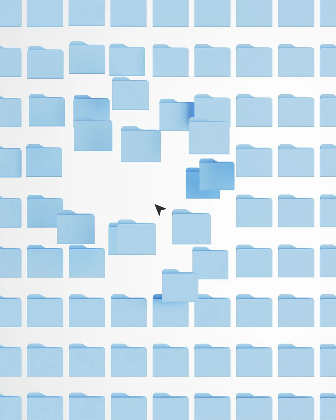 Illustration representing focused micro-learning modules by showing a mouse cursor selecting a single blue folder from a wall of grid-aligned digital folders