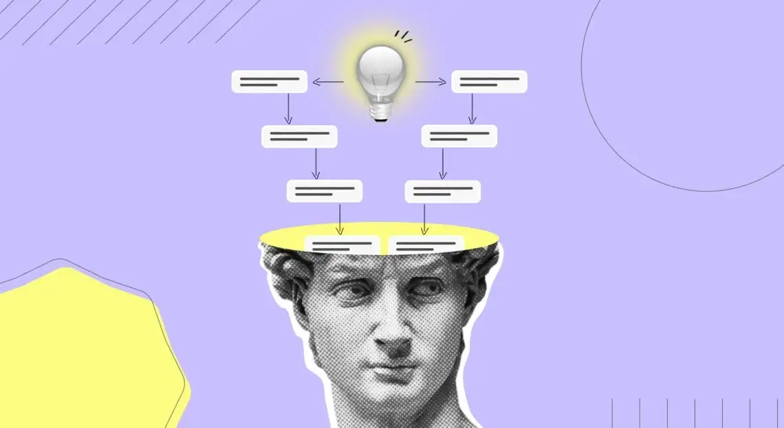 Illustration representing built for retention micro-learning modules by showing a classical statue bust open at the head with a glowing lightbulb flowchart emerging from within