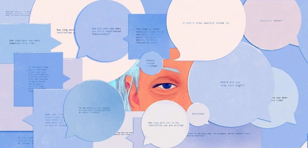 Illustration representing interactive multimedia micro-learning content by showing a person looking out from behind a sea of overlapping speech bubbles