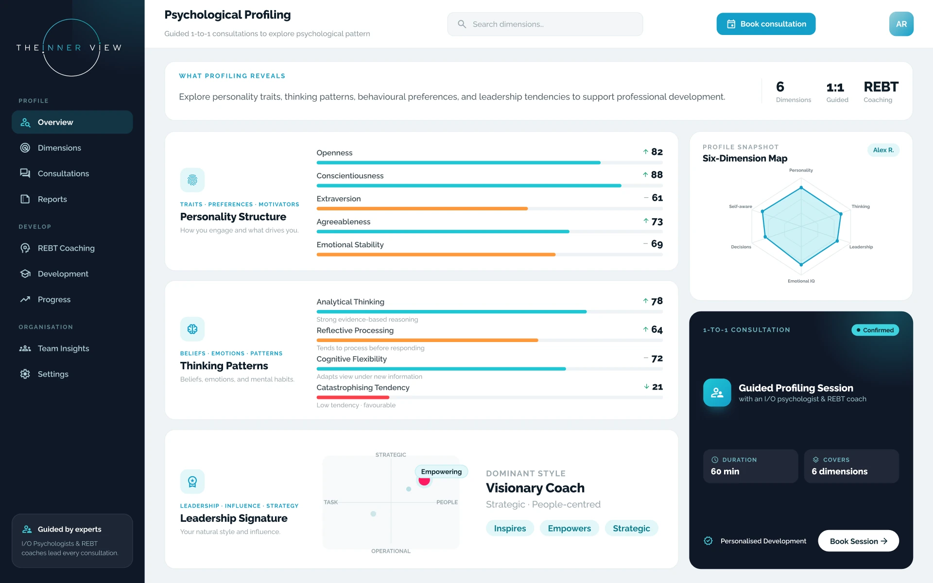 The Psychological Profiling platform showing a behavioural profile report with detailed scores linked to coaching