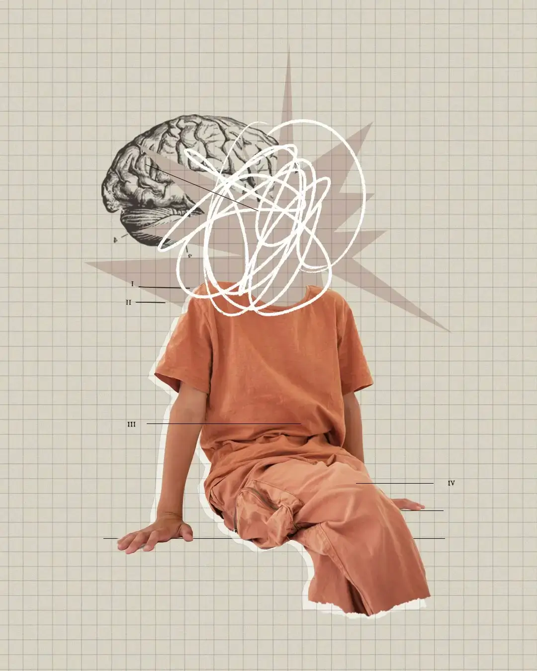 Illustration representing emotional relief through REBT coaching showing a person in an orange top whose head is obscured by a white scribbled loop