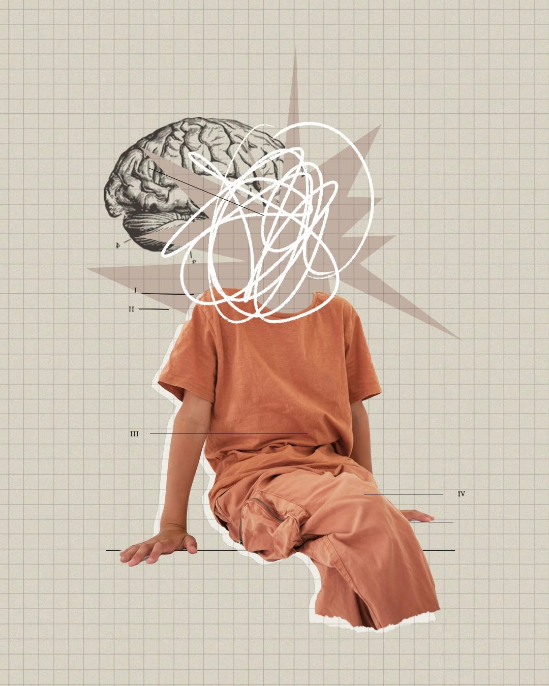 Illustration representing emotional relief through REBT coaching showing a person in an orange top whose head is obscured by a white scribbled loop