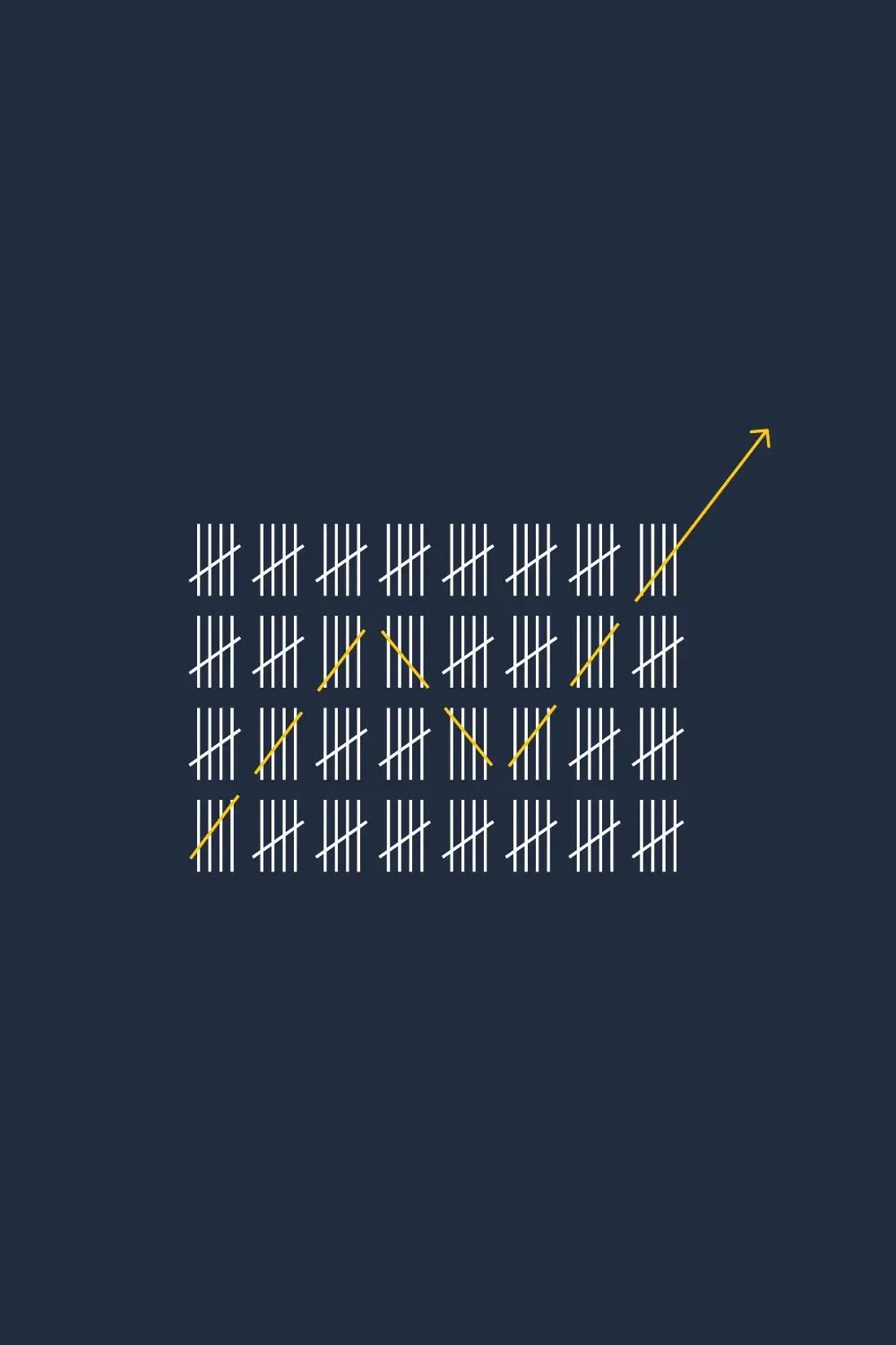 Illustration representing progress mapping in REBT coaching showing an upward-trending gold arrow line drawn across white tally marks on a dark background