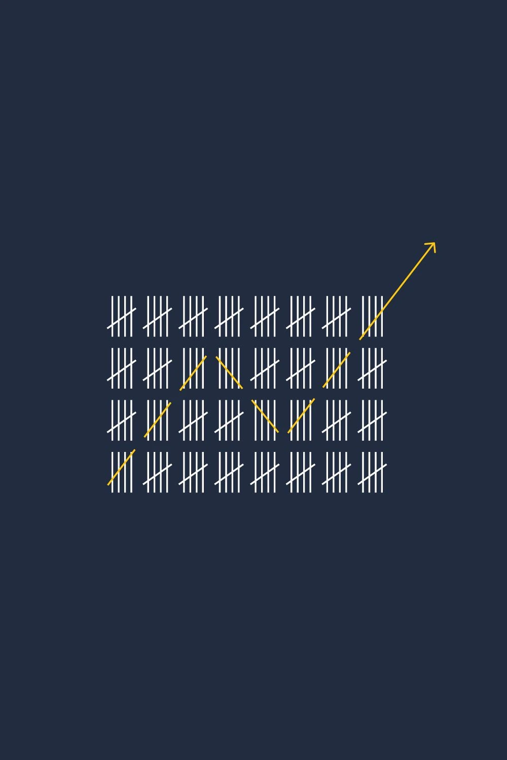 Illustration representing progress mapping in REBT coaching showing an upward-trending gold arrow line drawn across white tally marks on a dark background