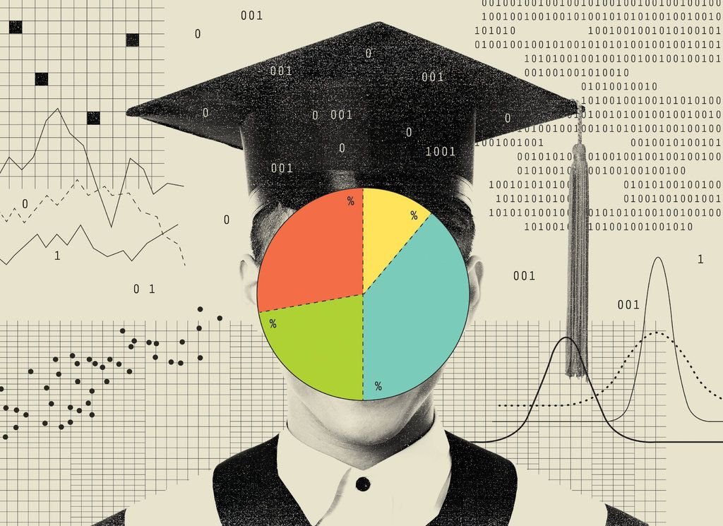 Illustration representing measurable learning outcomes showing a person wearing a graduation cap with a colourful pie chart covering their face, surrounded by data graphs